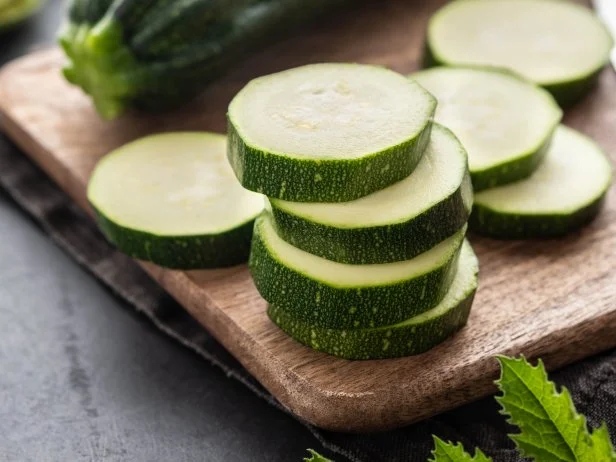 Fresh zucchini on wooden table close up.