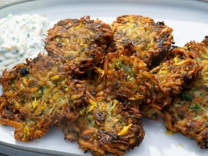 Potato Zucchini Pancakes with Yogurt Sauce, as seen on Food Network's Symon's Dinners Cooking Out, Season 3.