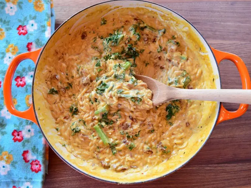 Close-up of Creamy Cheesy Orzotto, as seen on The Pioneer Woman, season 31.