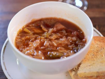 Sweet and Sour Cabbage Soup as served at Sherman's Deli in Palm Springs, California, as seen on Triple D Nation.