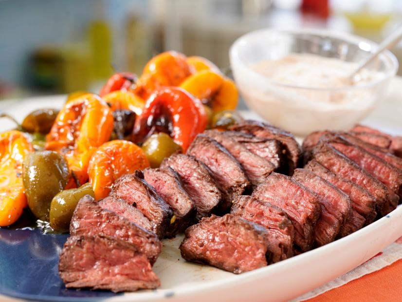 Geoffrey Zakarian makes his Dry Rubbed Hanger Steak with Smoky Aioli and Charred Peppers, as seen on Food Network's The Kitchen, Season 31
