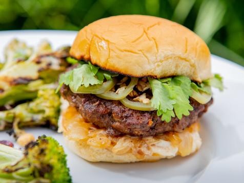 Beef and Chorizo Stuffed Burgers with Caramelized Onions