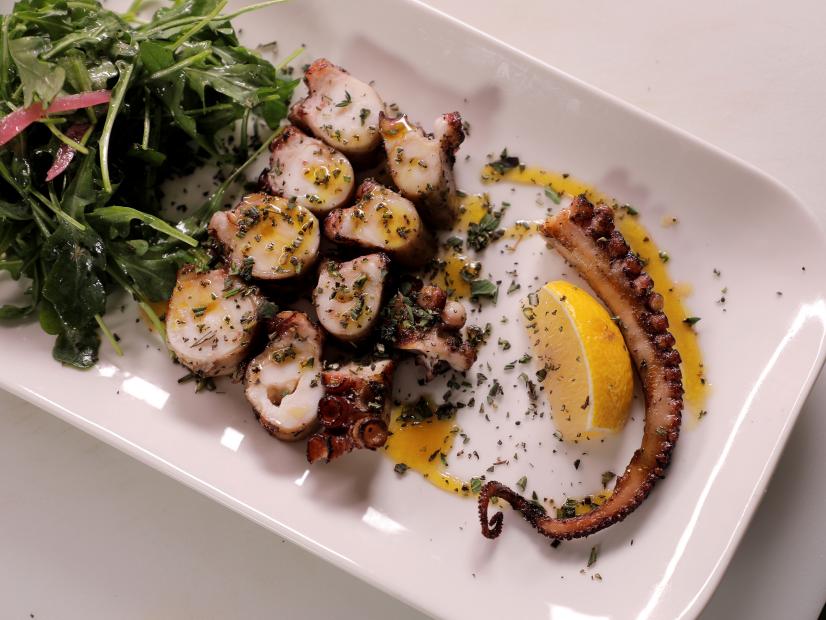 Poached Octopus as served at Astoria Café and Market in Cleveland, Ohio, as seen on Diners, Drive-ins and Dives, season 35.