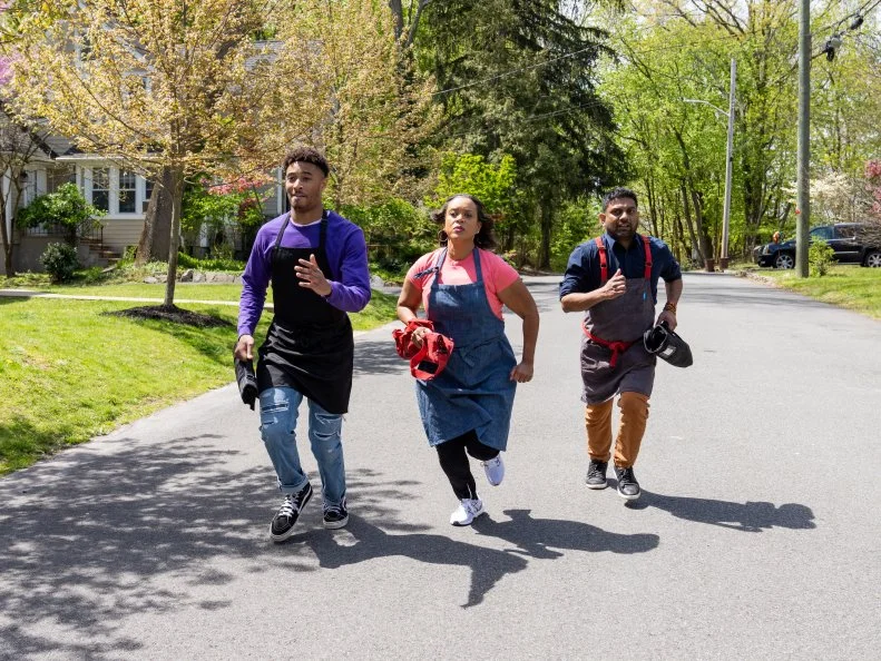 Chefs AJ Oliver, Angie Shaghaghi, and Mohan Kulasingam during Round 1, as seen on Kitchen Crash, Season 2.