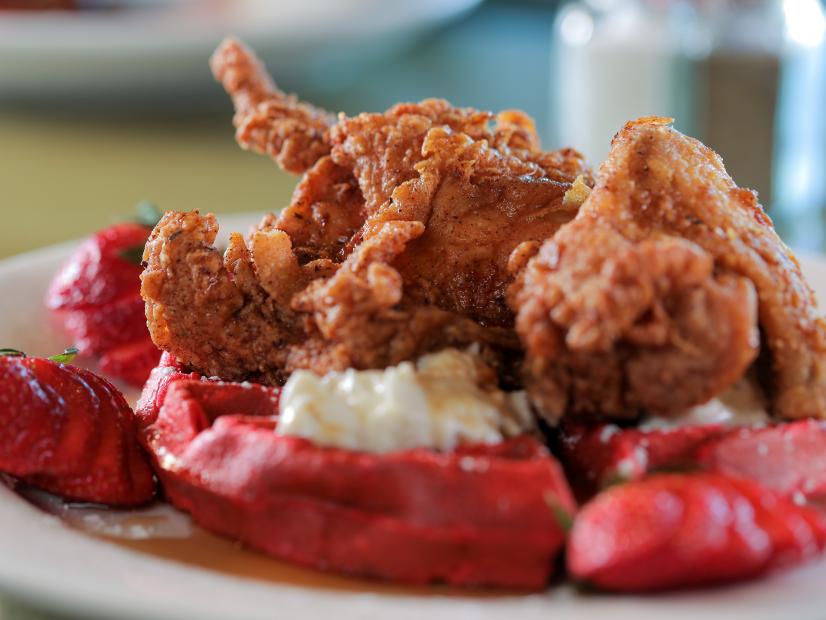 Chicken and Red Velvet Waffles as served at Kelsey & Kim's Southern Cafe in Atlantic City, New Jersey, as seen on Food Network's Triple D Nation: episode TXTP401H.