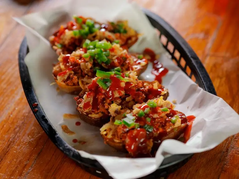 Trailer Park Bruschetta as served at Meat BBQ in Lansing, Michigan, as seen on Food Network's Triple D Nation: episode TXTP401H.