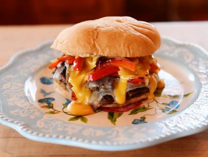Close-up of Cheesesteak Burger, as seen on The Pioneer Woman, season 31.
