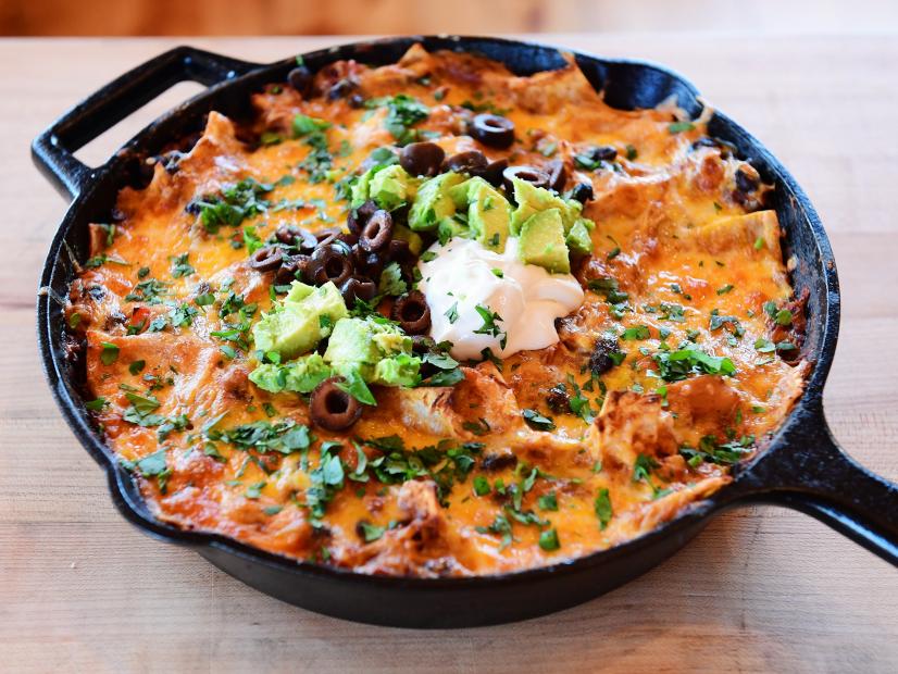 Close-up of Enchilada Skillet, as seen on The Pioneer Woman, season 31.