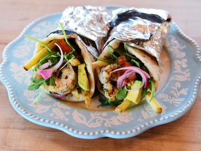 Close-up of Grilled Chimichurri Shrimp Wraps, as seen on The Pioneer Woman, season 31.