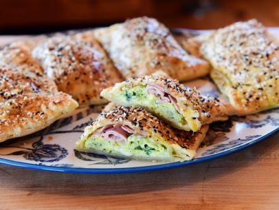 Close-up of Pesto Egg Puff Pastry Squares, as seen on The Pioneer Woman, season 31.