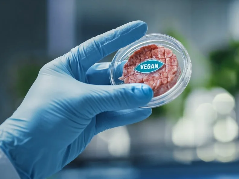 Close up Shot of a Lab-Grown Cultured Vegan Meat Sample Held by the Scientist in Blue Glove. Medical Scientist Working on Plant-Based Beef Substitute for Vegetarians in Modern Food Science Laboratory.