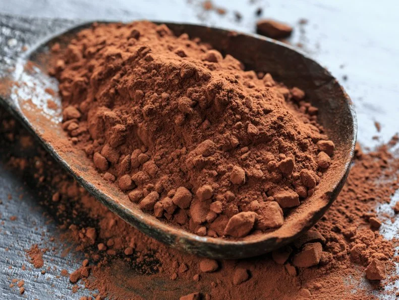 Cocoa powder in a wooden spoon on black background, close-up