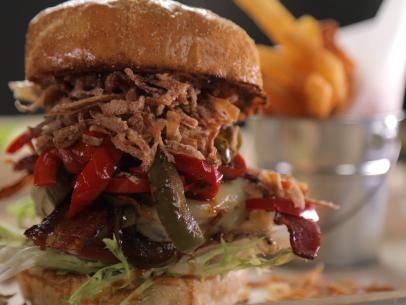 Smokey Burger as served at Gastro Grind Burgers in Palm Desert, California, as seen on Diners, Drive-Ins and Dives, season 35.