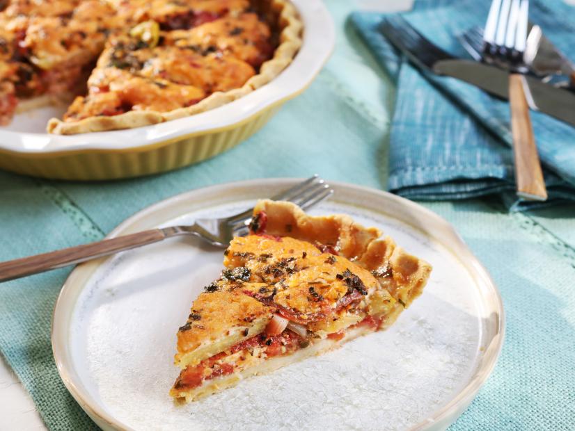 Miss Kardea Brown's Tomato Pie with Cornmeal Crust, as seen on Delicious Miss Brown, Season 7.