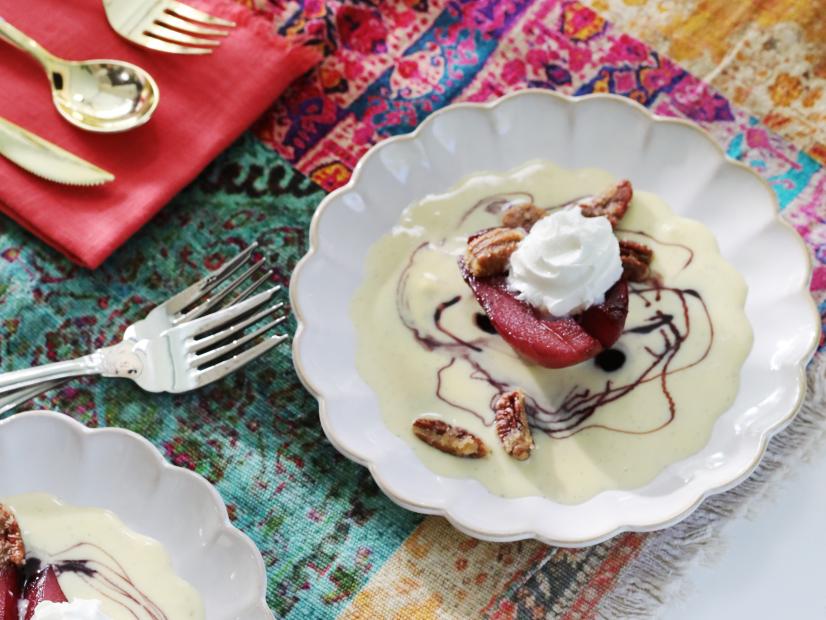 Miss Kardea Brown's Red Wine Poached Pears with Vanilla Bean Custard, as seen on Delicious Miss Brown, Season 7.