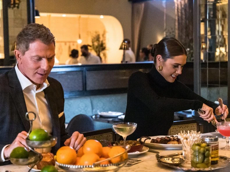 Host Bobby and Sophie Flay sample Pizza Fritta, House Aged NY Strip, Rigatoni, and popovers at The Barish at the Roosevelt Hotel, in Hollywood, CA, as seen on Bobby and Sophie Take the Coast, Season 1.