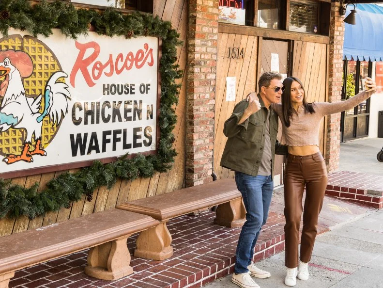 Host Bobby and Sophie Flay at Roscoes house of fried chicken and waffles, in Hollywood, CA , as seen on Bobby and Sophie Take the Coast, Season 1.