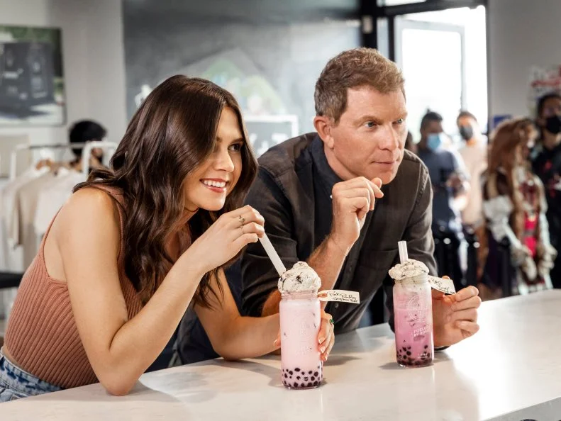 Host Bobby and Sophie Flay sample the Pink Panda & Bad Bunny, at MILK + T in downtown Los Angeles, as seen on Bobby and Sophie Take the Coast, Season 1.