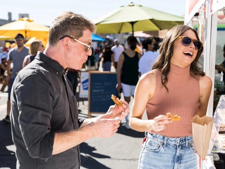 Host Bobby and Sophie Flay try the Senoreata Guava cheese pastelito and Cuban sandwich at Smorgasborg in downtown Los Angeles, as seen on Bobby and Sophie Take the Coast, Season 1.