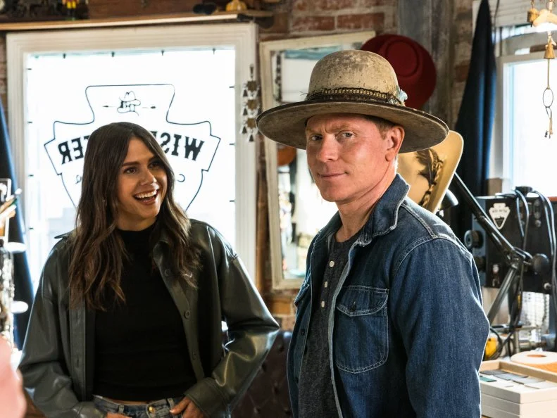 Brandon Wise assists host Bobby Flay with a hat fitting with his daughter Sophie at the Wise Hatter in Venice, CA,  as seen on Bobby and Sophie Take the Coast, Season 1.