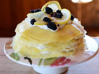 Close-up of Blackberry Crepe Cake, as seen on The Pioneer Woman, season 31.