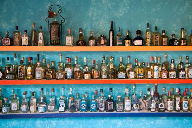near Puerto Vallarta, Jalisco, Mexico --- Wall of different tequila bottles at Mister Tequila tasting gallery --- Image by Â© Holger Leue/Corbis