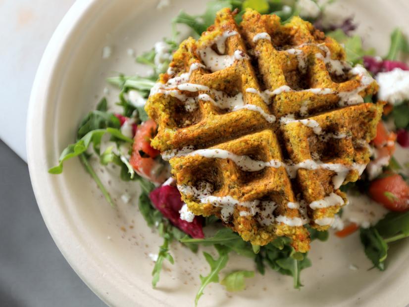 Falafel Waffle as served at King Tut's Food Truck in Nashville, Tennessee, as seen on Diners, Drive-Ins and Dives, Season 35.