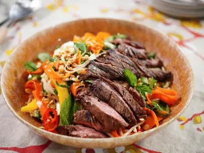 Asian Flank Steak with Fried Chinese Noodles with Peppers
