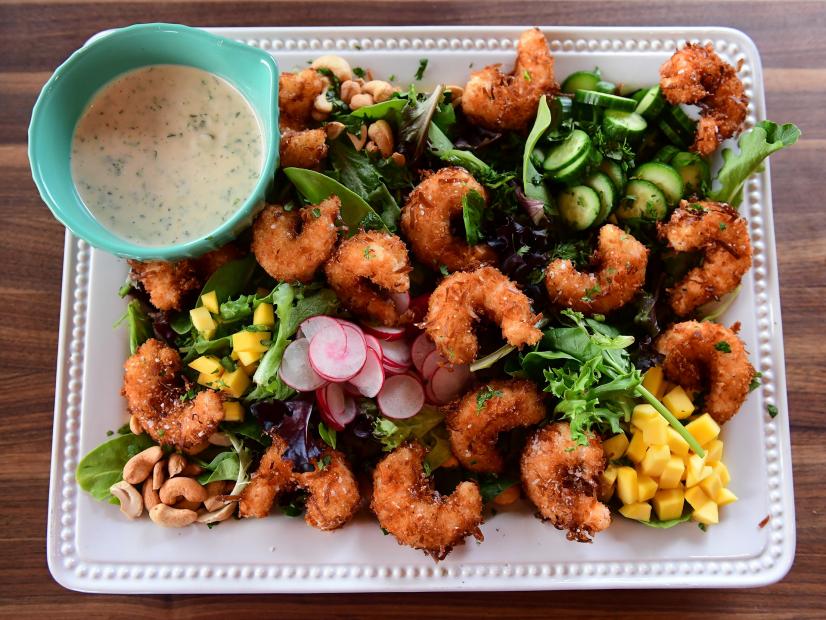 Close-up of Coconut Shrimp Salad, as seen on the Pioneer Woman, season 32.
