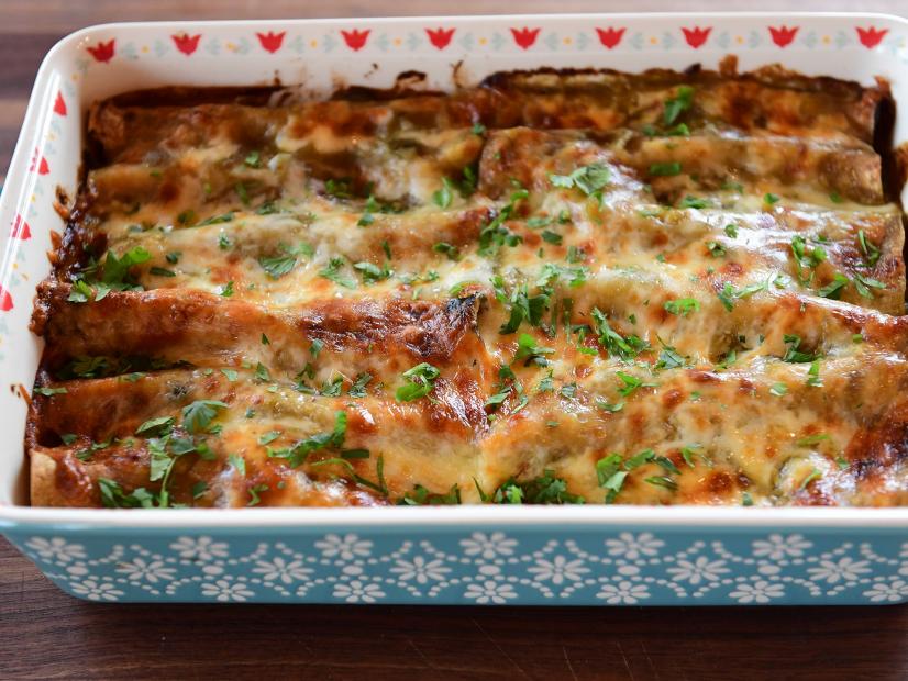 Close-up of Summer Vegetable Enchiladas, as seen on the Pioneer Woman, season 32.