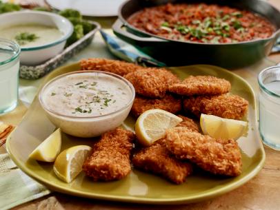 Beauty shot of Molly Yeh's Cornflake-Crusted Fried Fish with Tartar Sauce, as seen on Girl Meets Farm, season 11.