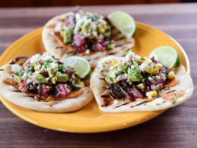 Close-up of Grilled Steak Naan Tacos, as seen on the Pioneer Woman, season 32.