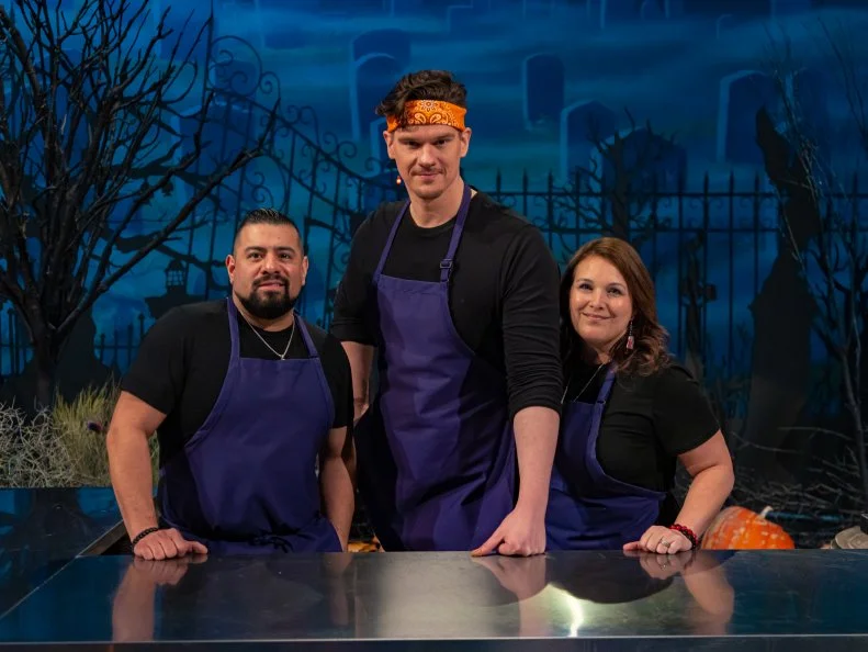 Contestants Brent Heuser, Joey Lopez and Pege Yates aka "The Candy Corn Killers", as seen on Halloween Wars, Season 12.