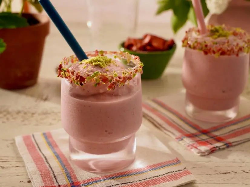 Beauty shot of Molly Yeh's Frozen Strawberries and Cream Cocktail, as seen on Girl Meets Farm, Season 11.
