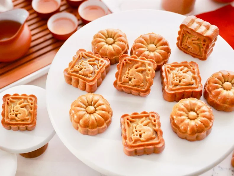 Beauty shot of Molly Yeh's Chocolate Hazelnut Mooncakes as seen on Girl Meets Farm, Season 11.