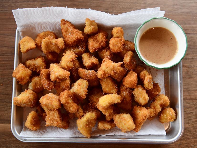 Close-up of Popcorn Chicken with Maple Mustard Dip, as seen on the Pioneer Woman, season 32.