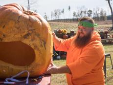 Tator Edwards works on his carve, as seen on Outrageous Pumpkins, Season 3.