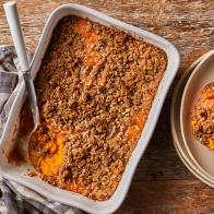 Description: Kardea Brown's Sweet Potato Pie-Stuffed Cornbread. Keywords: Sweet Potato, Orange Juice, Cinnamon, Nutmeg, Vanilla Extract, Egg, Cornmeal, Buttermilk.