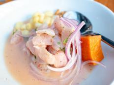 Close-up of the Peruvian dish cebiche pescado with fresh fish and shaved onions at the Parada Kitchen Peruvian Restaurant in Walnut Creek, California, February, 2021. (Photo by Smith Collection/Gado/Getty Images)