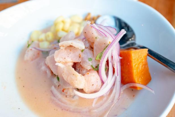 Close-up of the Peruvian dish cebiche pescado with fresh fish and shaved onions at the Parada Kitchen Peruvian Restaurant in Walnut Creek, California, February, 2021. (Photo by Smith Collection/Gado/Getty Images)