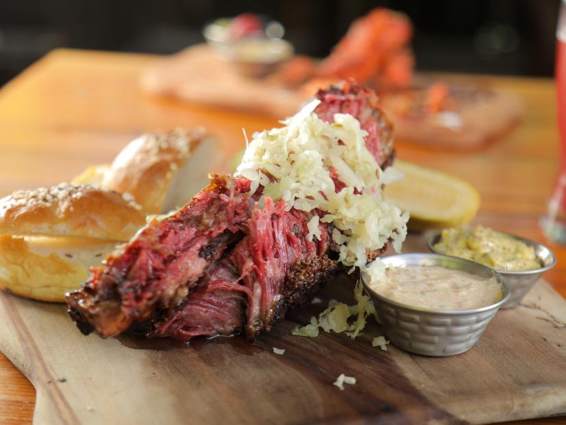 Pastrami Beef Rib Board as served at Third Wave Café in New Smyrna Beach, Florida, as seen on Food Network's Diners, Drive-Ins and Dives, season 36.