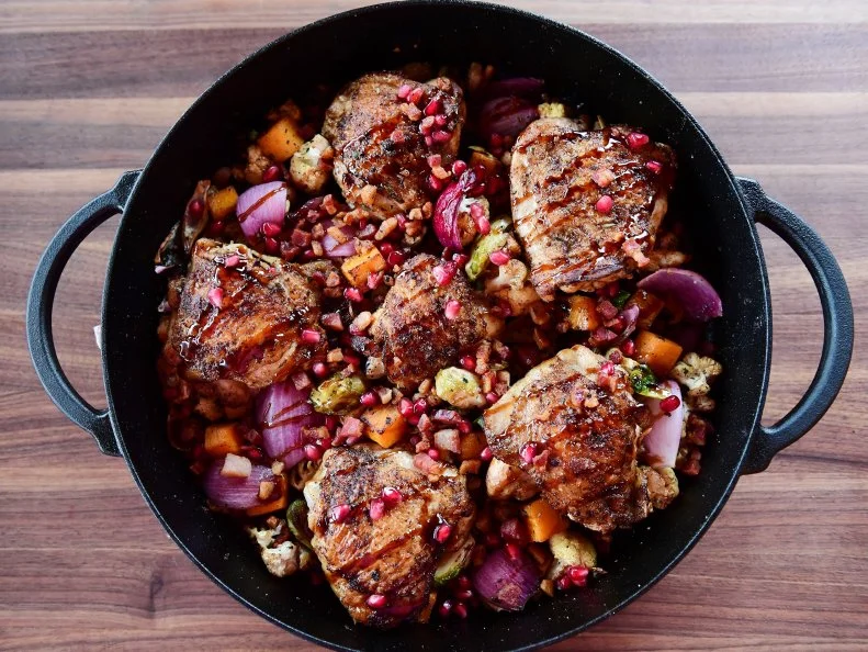 Close-up of Fall Chicken Skillet, as seen on the Pioneer Woman, season 32.