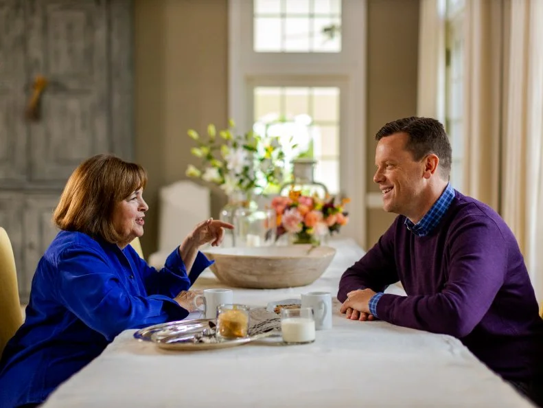 Ina Garten and Willie Geist with Salted Chocolate Chunk Cookies, as seen on Be My Guest, season 1.