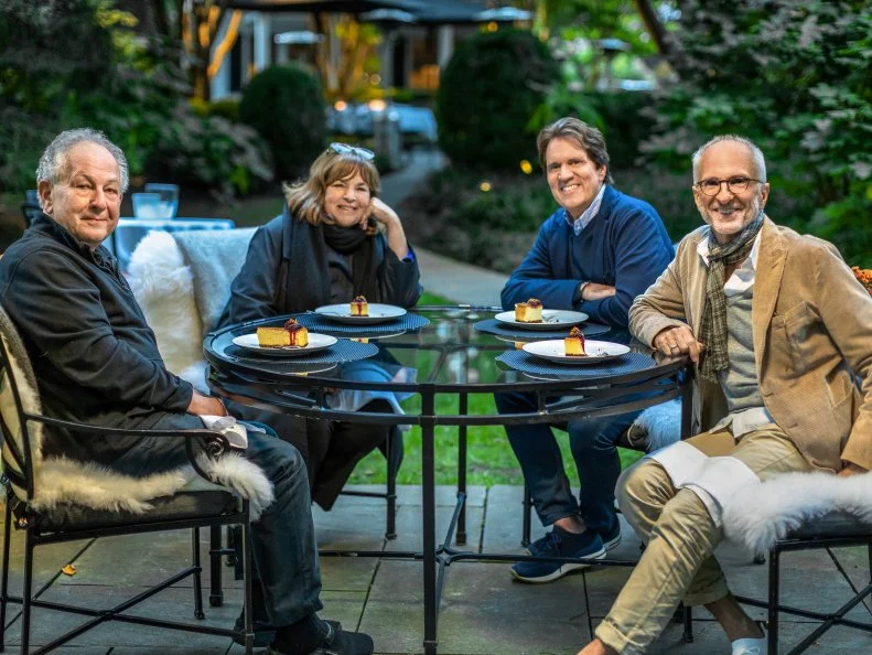 Ina Garten, Jeffrey Garten, Rob Marshall and John DeLuca with Cheesecake at The 1770 House, as seen on Be My Guest, season 1.