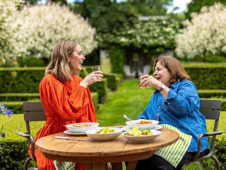 Ina Garten, Emily Blunt, Emily's Turkey Bolognaise and Caesar Salad with Parmesan Croutons, as seen on Be My Guest, Season 2.