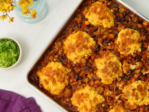 Sheet Pan Vegetarian Chili with Cheesy Cornbread Biscuits