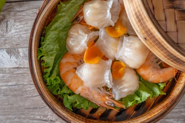 Shrimp Dim sum in bamboo steamer