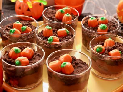 Beauty shot of Molly Yeh's Chocolate Tahini Dirt Cup Pumpkin Patches as seen on Girl Meets Farm, Season 11.