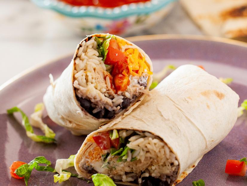 Close-up of Slow Cooker Chicken Verde Burritos, as seen on The Pioneer Woman, season 32.