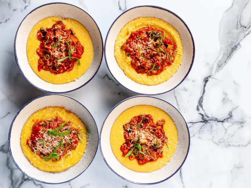 Close-up of Veggie Ragu with Cheesy Polenta, as seen on The Pioneer Woman, season 32.